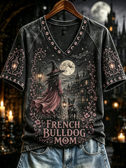 Women's Halloween French Bulldog Mom Witch Print V-neck Short-sleeved T-shirt