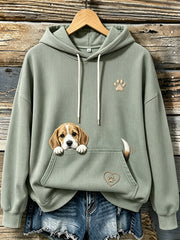 Women's Cute Peeking Beagle & Paws Print Cozy Hooded Sweater