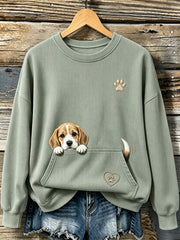 Women's Cute Peeking Beagle & Paws Print Round-Neck Sweatshirt