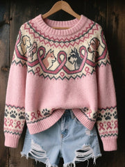 Women's Vintage Pink Ribbon & Dog Paws Isle Pattern Print Cozy Sweater