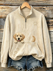 Women's Cute Peeking Golden Retriever & Paws Print Casual 1/4 Zipper Sweatshirt
