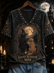 Women's Halloween Golden Retriever Mom Witch Print V-neck Short-sleeved T-shirt