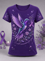 Women's Purple Floral & Hummingbird Print Alzheimer's Awareness Support Tee