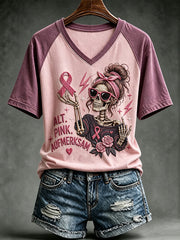 Women's Breast Cancer Awareness Funny Slogan Printed V-neck T-shirt