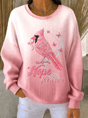 Women's Breast Cancer Awareness Floral and Bird Design Ribbed Round-Neck Sweatshirt