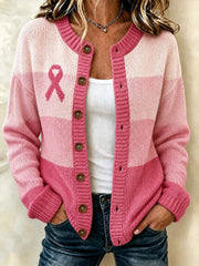 Women's Pink Color Block Design Casual Cardigan-Style Knit Jacket