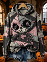 Women's Halloween Spooky Stitched Monster Colorblock Patchwork Print Cozy Hoodie