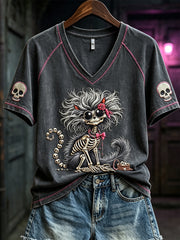 Women's Gothic Fuzzy Skeleton Cat Print short-sleeved T-shirt