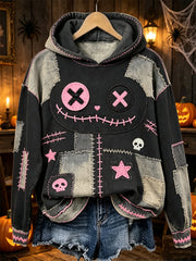 Women's Halloween Spooky Stitched Monster Colorblock Patchwork Print Cozy Hoodie