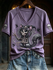 Women's Gothic Fuzzy Skeleton Cat Print short-sleeved T-shirt