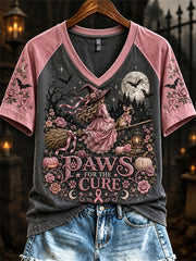 Women's Breast Cancer Awareness Halloween Witch & Bulldog Print short-sleeved T-shirt