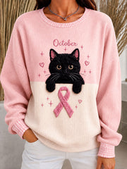 Women's Breast Cancer Cat Art Ribbed Round-Neck Sweatshirt