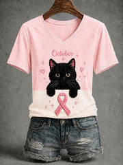 Women's Breast Cancer Cat Art Short-Sleeved T-shirt