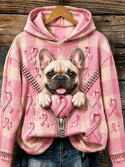 Women's Vintage Pink Ribbon & French Bulldog Print Cozy Hoodie