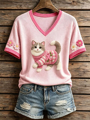 Women's Felt Art Cat Pattern Knit Top