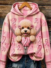 Women's Vintage Pink Ribbon & Poodle Print Cozy Hoodie