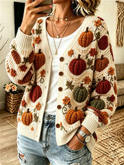 Women's Fall Pumpkins Floral Print Cozy Cardigan