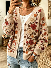 Women's Fall Trees Branches & Leaves Print Cozy Cardigan