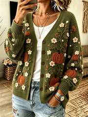 Women's Fall Pumpkins Floral Print Cozy Cardigan