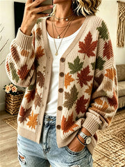 Women's Fall Colorful Leaves Print Cozy Cardigan