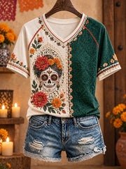 Women's Mexico Day of The Dead Floral Art Printed T-shirt