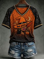 Women's Halloween Print V-neck T-shirt