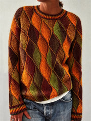 Women's Fall Colorful Leaves Inspired Crochet Art Print crew neck sweater