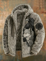 Men's Viking Tribal Jacquard Celtic With Crows & Wolves Inspired Plush Warm Zipped Hooded Jacket