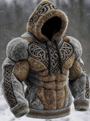 Men's Viking Tribal Jacquard Celtic Knot Muscle Line Inspired Art Flannel Warm Hoodie