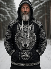 Men's retro Viking style wolf head pattern and Celtic knot design casual hoodie