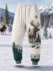 Men's Winter Moose Print Casual Waffle Pants