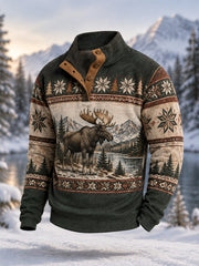 Men's Winter Moose Print Casual Buttons Pullover