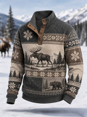 Men's Winter Moose Print Casual Buttons Pullover