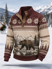 Men's Winter Snow Bear Print Casual Buttons Pullover