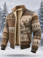 Men's Winter Moose Print Casual Composite Fleece Jacket