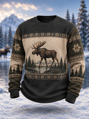 Men's Winter Moose Print Casual Waffle Sweatshirt