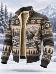 Men's Winter Moose Print Casual Composite Fleece Jacket