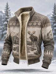 Men's Winter Moose Print Casual Composite Fleece Jacket