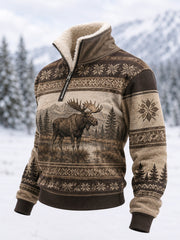 Women's Winter Moose Print Casual Fur Collar Top