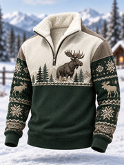 Men's Winter Moose Print Casual Plush Stand Collar Shirt