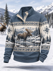 Men's Winter Moose Print Casual Buttons Pullover