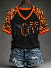 Women's Halloween Cute Boo Bat V-neck Short Sleeve T-shirt