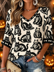 Women's Halloween Black Cat Print V-neck T-shirts