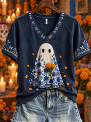 Women's Day of the Dead Mexican Ghost Marigolds Print short-sleeved T-shirt