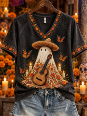 Women's Day of the Dead Mexican Ghost Marigolds Print short-sleeved T-shirt