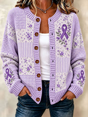 Women's Alzheimer's Disease Purple Floral Cardigan-Style Knit Jacket
