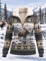 Women's Winter Moose Print Casual Composite Fleece Hoodie