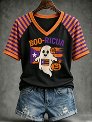 Women's Puerto Rico Halloween Print V-neck off-shoulder short-sleeved T-shirt
