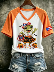 Women's Puerto Rico Halloween Print V-neck off-shoulder short-sleeved T-shirt