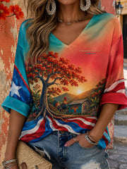 Women's Puerto Rico Floral Boricua Art Printed T-shirt